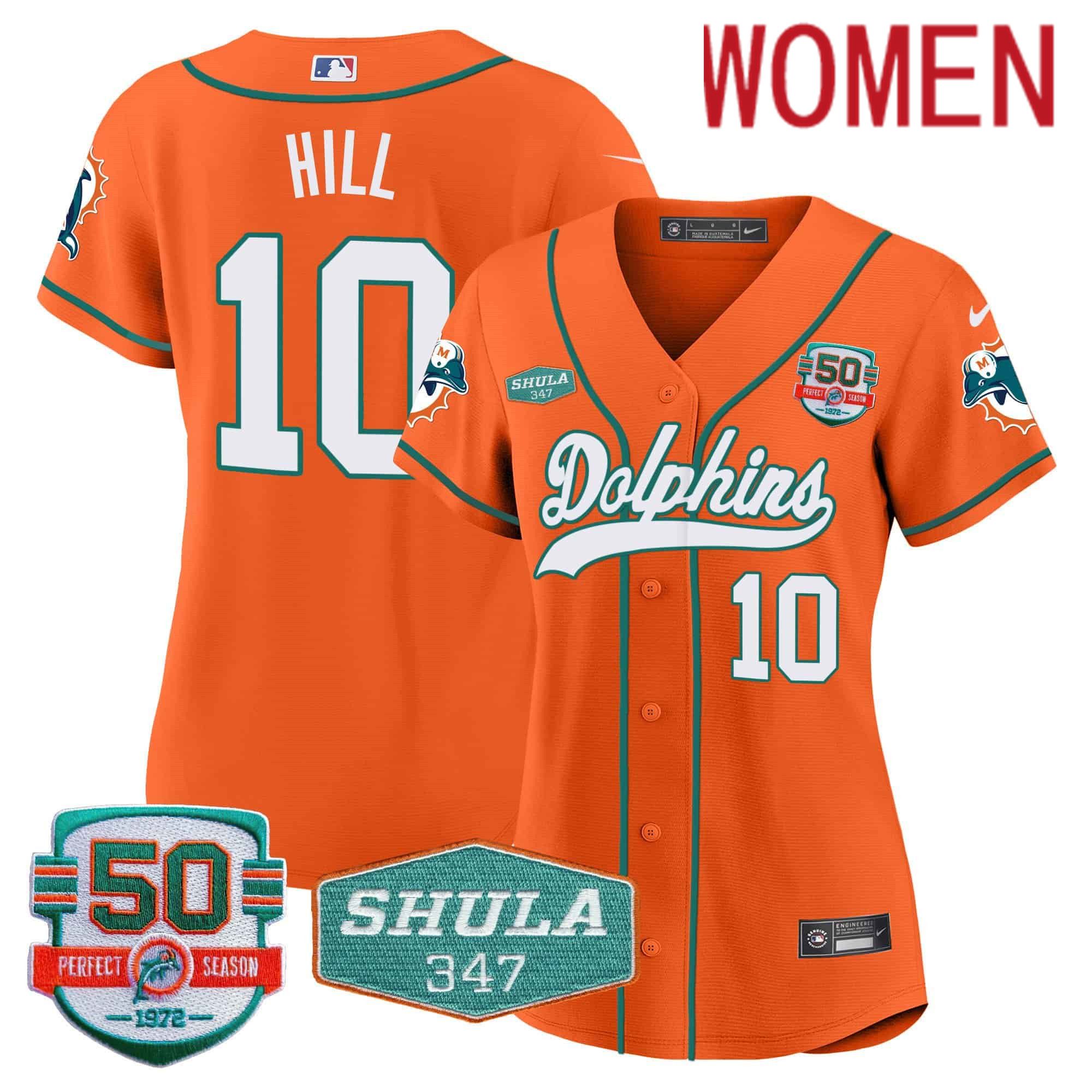 Women Miami Dolphins 10 Hill Orange 2024 Nike 50th Don Shula Memorial Patch Baseball NFL Jersey